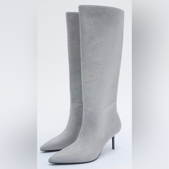 ✨BRAND NEW✨ ZARA METALLIC SPARKLY SILVER KNEE HIGH BOOTS - Picture 2 of 5